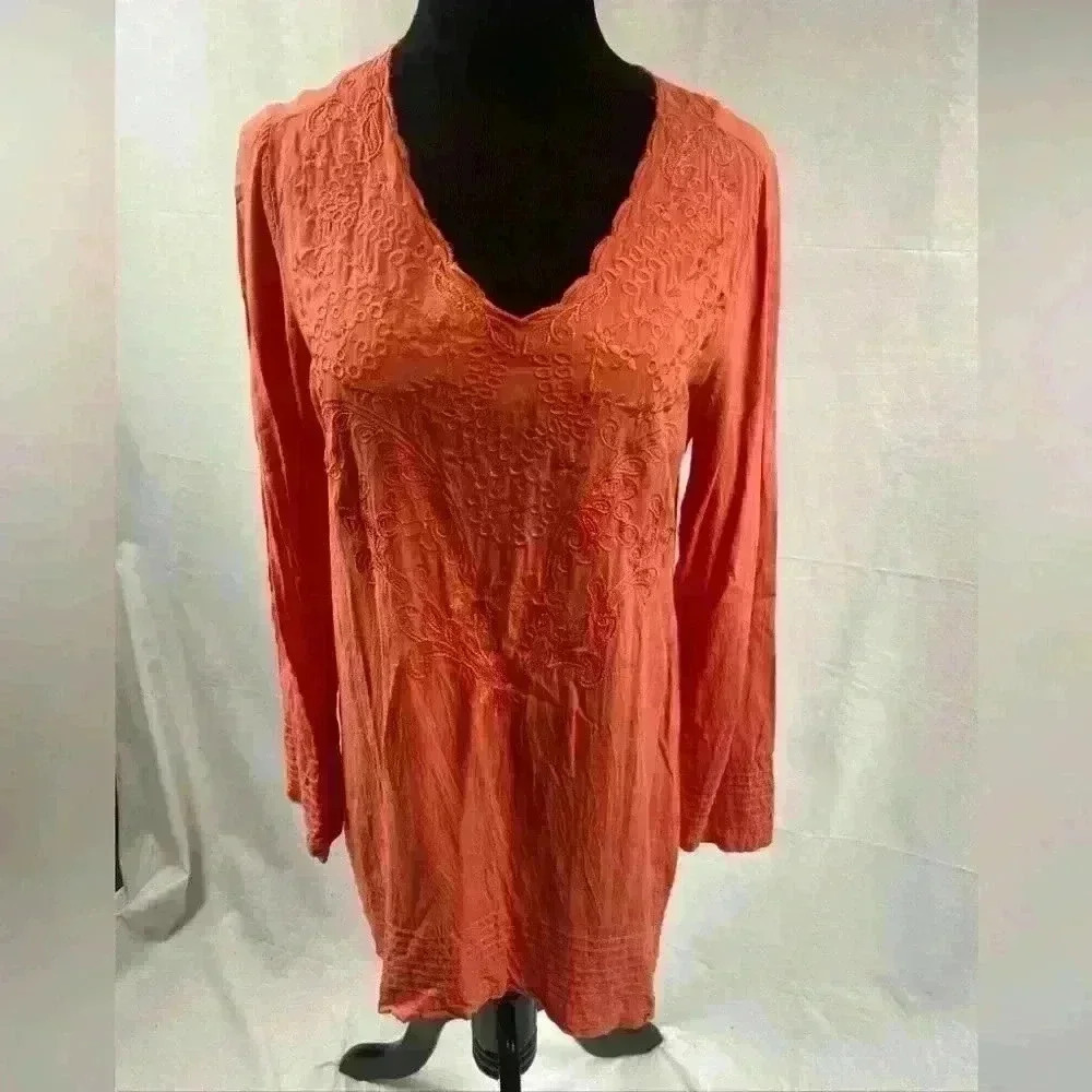 Monoreno Sleeve TUNIC TOP Boho Prairie Large  Crochet Flowey Bohemian Peach